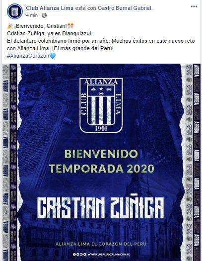 El anuncio de la llegada de Cristian Zuñiga a Alianza lima.