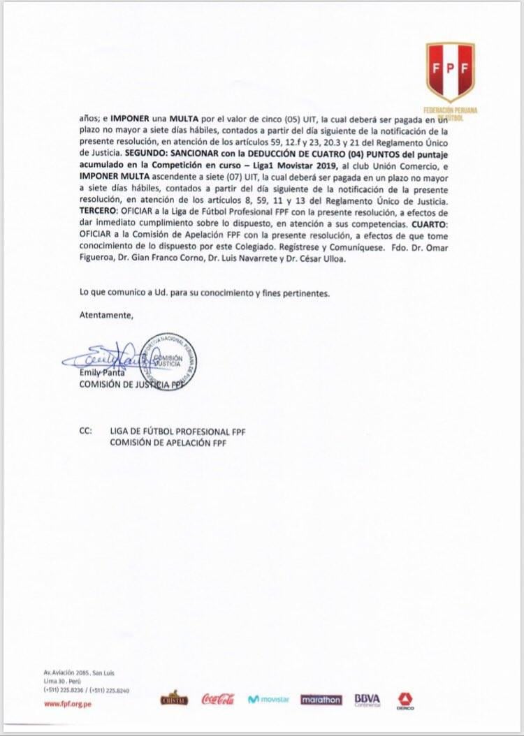 FPF le quitó cuatro puntos a Unión Comercio tras reclamo de San Martín