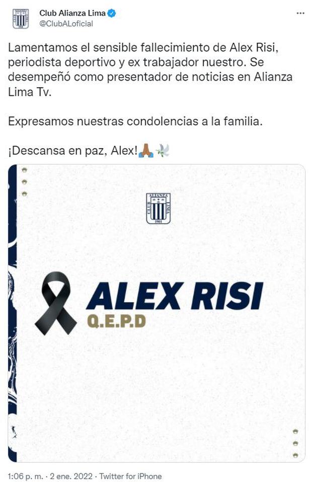 Alianza Lima lamentó el fallecimiento de Alex Risi. (Foto: Captura TW Alianza Lima)