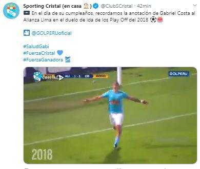 La publicación de Sporting Cristal en la que recordó el gol de Gabriel Costa.