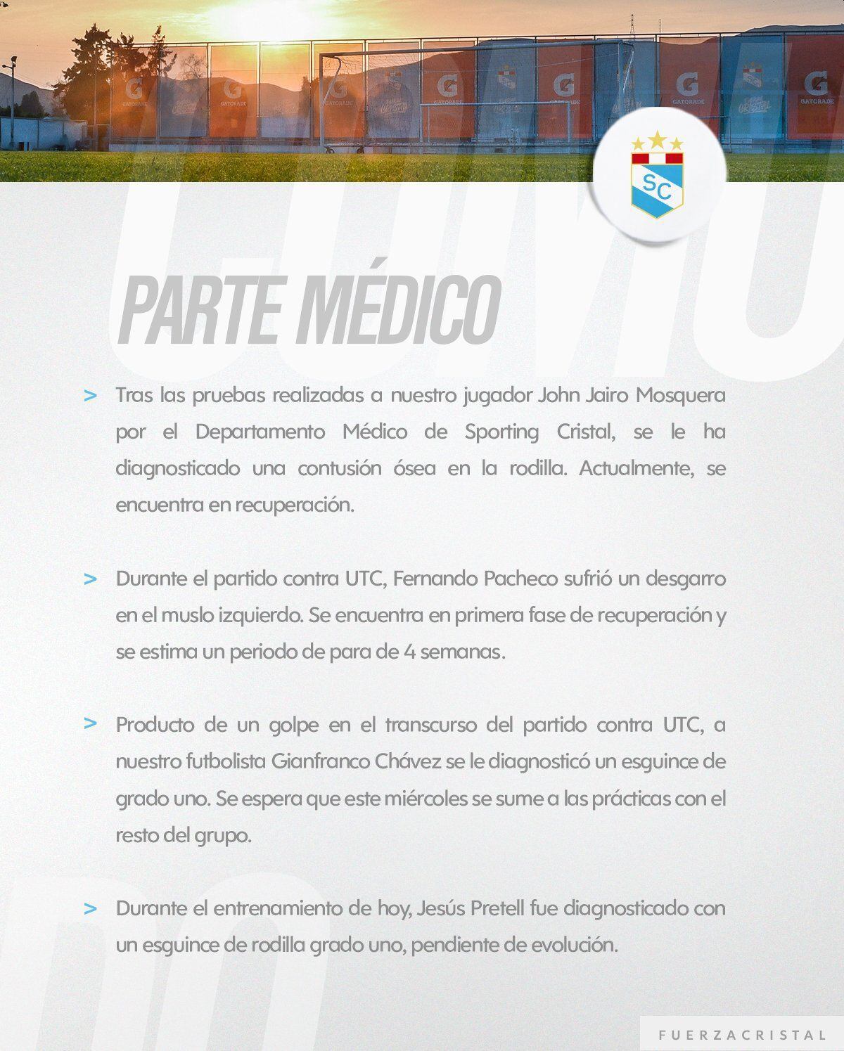 El parte médico de Sporting Cristal de cuatro de sus jugadores.