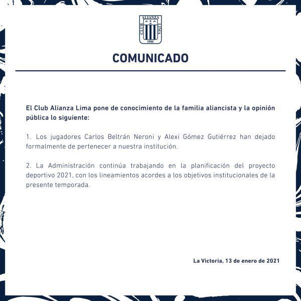Alexi Gómez y Carlos Beltrán dejaron de ser jugadores de Alianza Lima. (Captura: Alianza Lima)