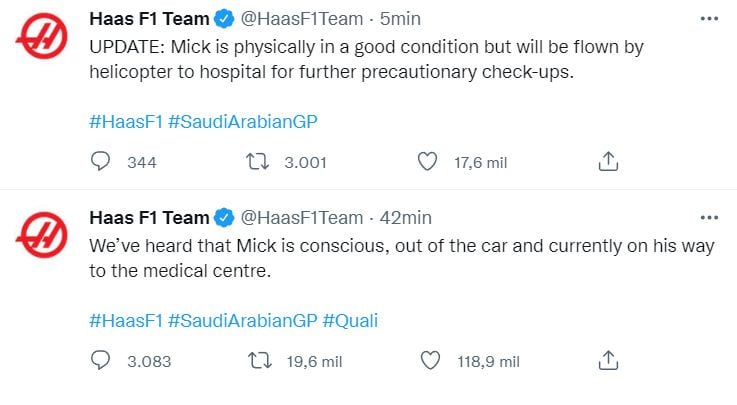 Hass, el equipo de Mick Schumacher, mencionó que el piloto está consciente y en camino a un centro médico.