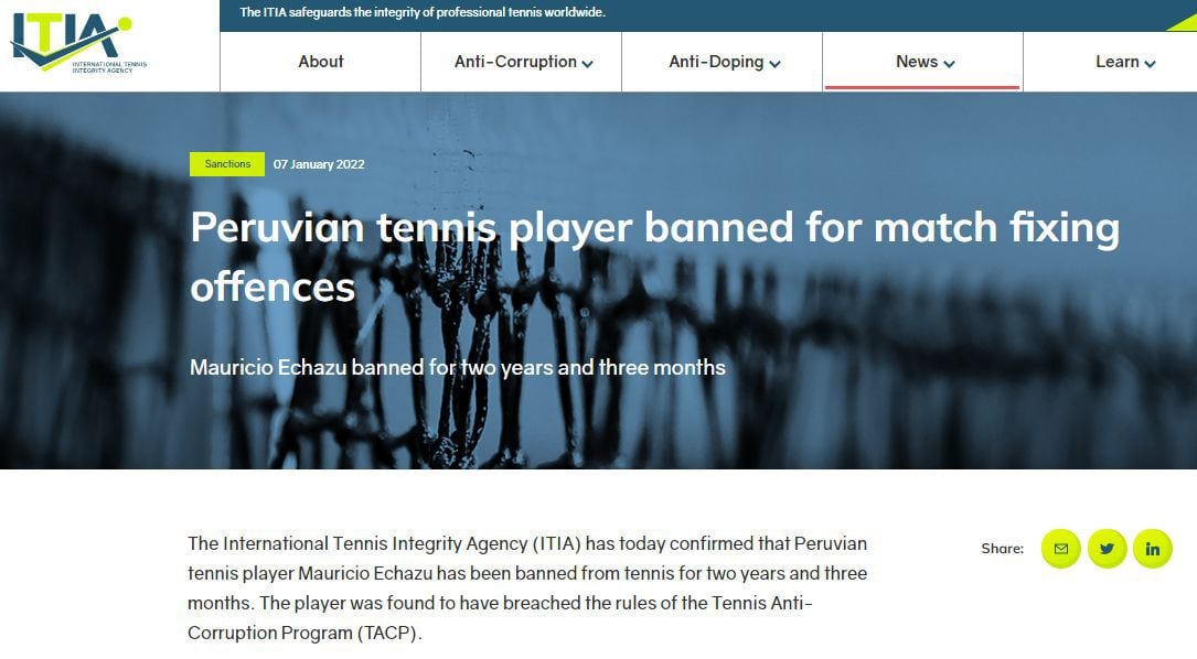 El comunicado de la Agencia Internacional de Integridad del Tenis (ITIA) sobre Echazú.