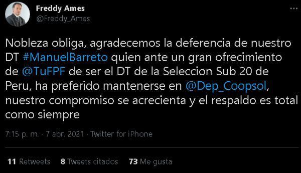 Freddy Ames reveló que Manuel Barreto continuará en Deportivo Coopsol este 2021. (Captura: Twitter)