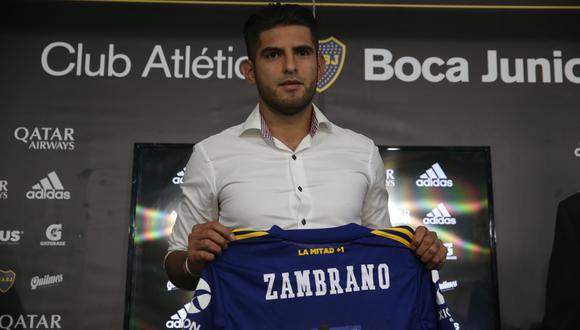 Carlos Zambrano, from Peru, poses for pictures as he is presented as a new Boca Juniors' player during a press conference in Buenos Aires, Argentina, Friday, Jan. 31, 2020. (AP Photo/Daniel Jayo)