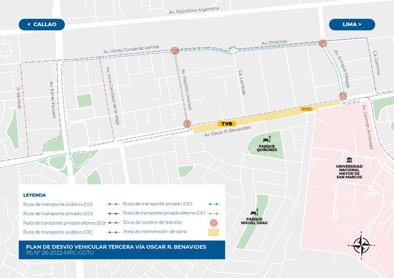 Plan de desvío vehicular por obras de la Tercera Vía y la futura estación Oscar Benavides de la Línea 2 del Metro de Lima.