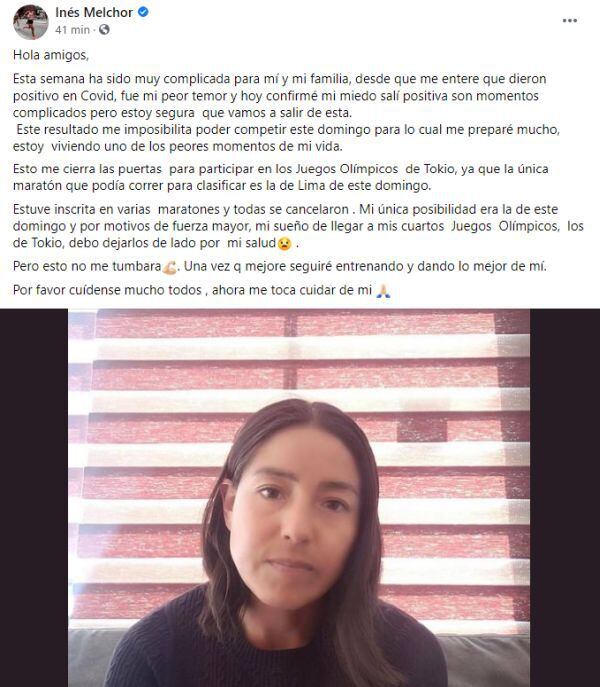 Inés Melchor anunció que dio positivo a coronavirus. (Captura: Facebook)