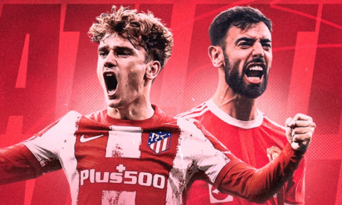 La imagen que publicó Atlético de Madrid para promocionar el encuentro por Champions muestra a Antoine Griezmann y al portugués Bruno Fernandes del Manchester United.