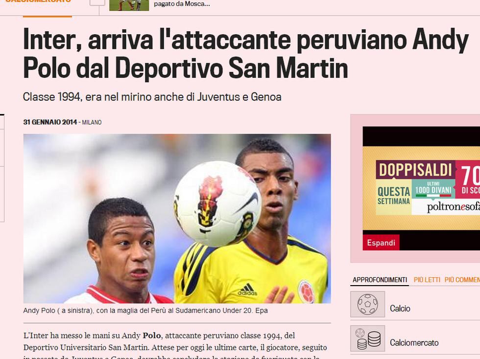 Informan que Andy Polo arregló con Inter de Milán