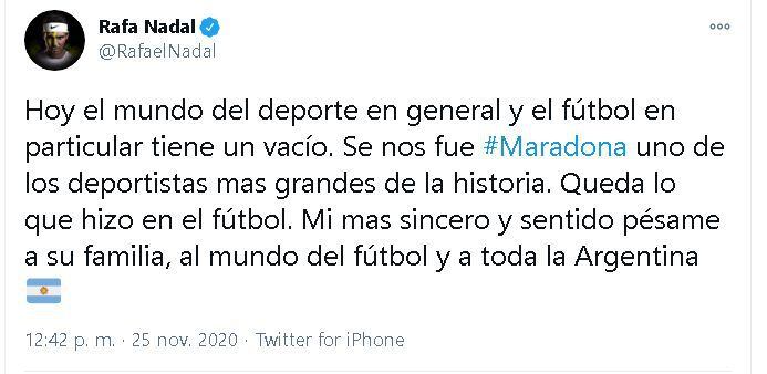 Rafael Nadal y el mensaje en redes sociales tras el fallecimiento de Maradona. (Captura: Twitter)
