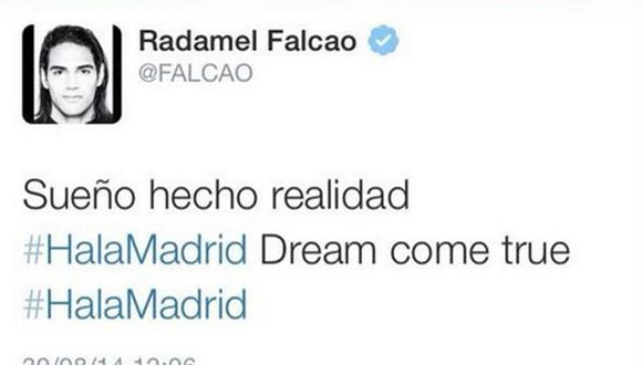 Radamel Falcao anuncia por twitter fichaje en el Real Madrid, pero luego borra mensaje 