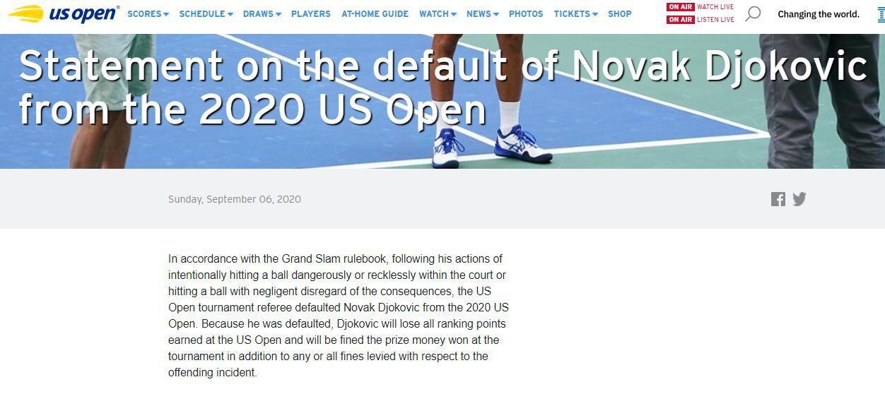 El comunicado del US Open sobre Djokovic.