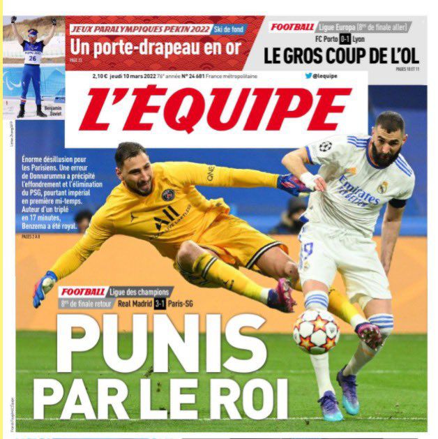 L'Equipe compartió su portada impresa sobre el PSG vs. Real Madrid.