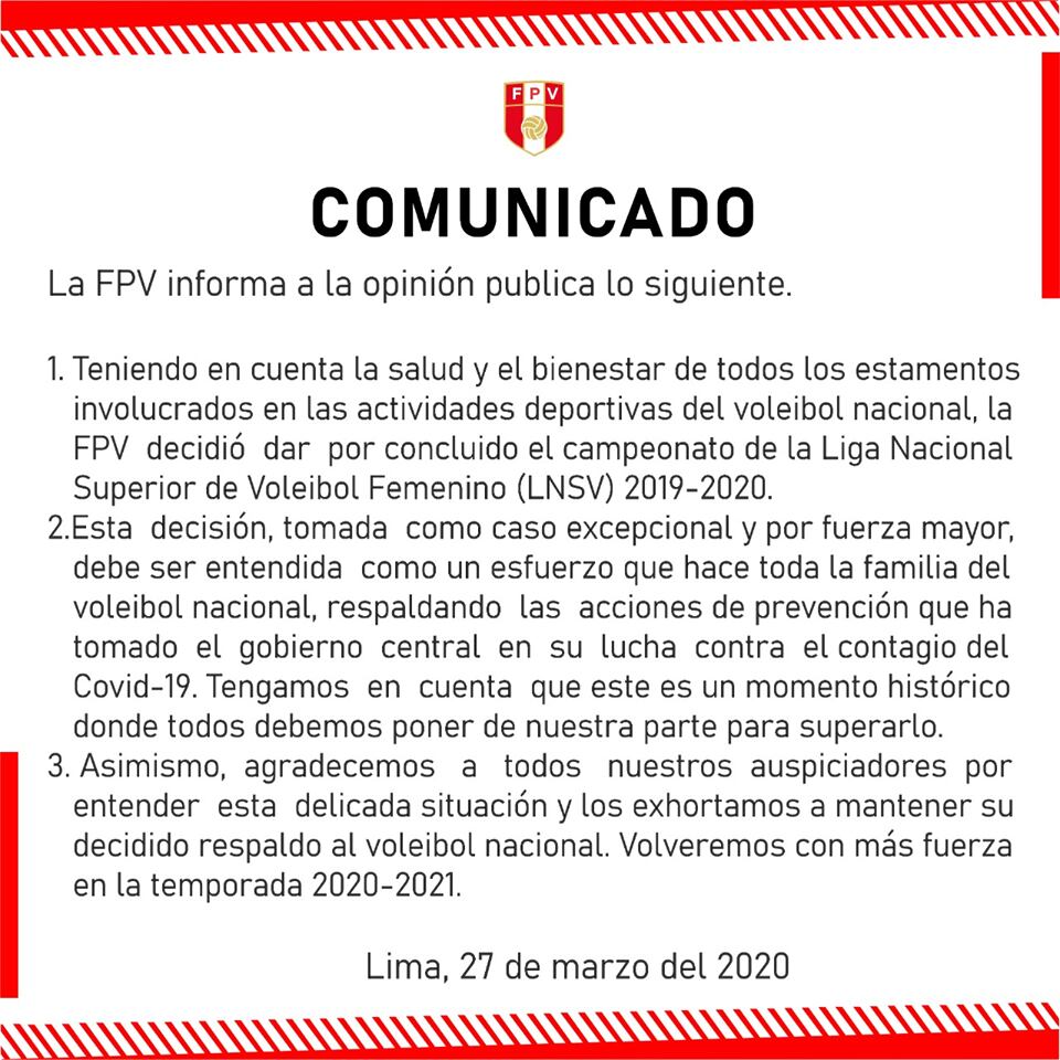 Comunicado de la Federación Peruana de Vóley sobre la culminación de la presente liga. (FPV)