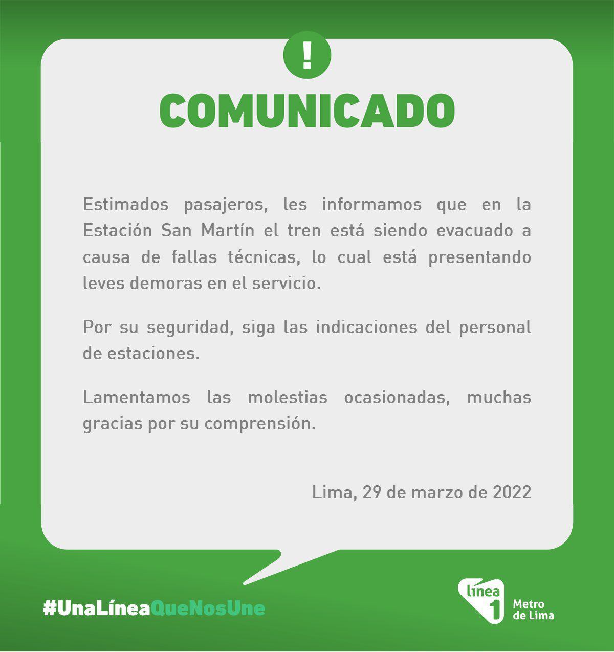 Comunicado de la Línea 1 Metro de Lima