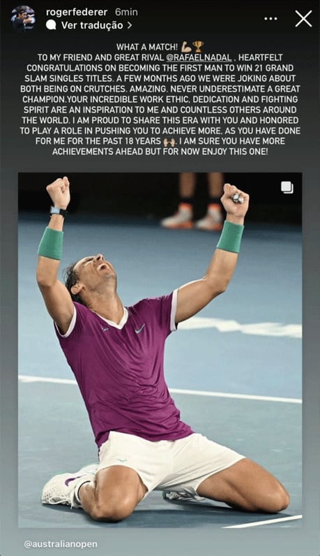 Roger Federer se rindió ante el talento de Rafael Nada. Foto: IG Roger Federer.