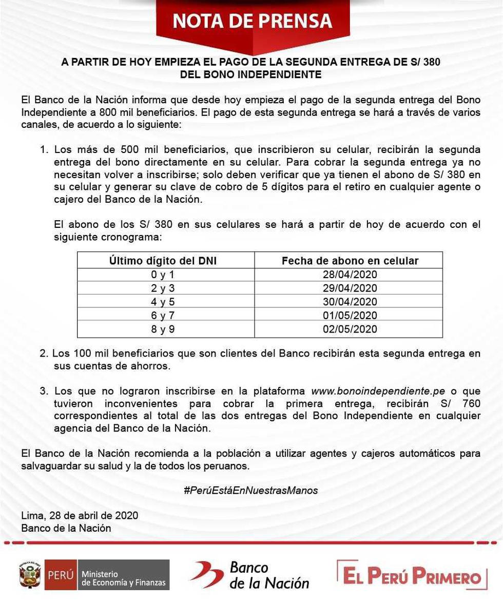Segundo Bono de 380 soles vía Yo Me Quedo En Casa: Aquí consulta con DNI si eres beneficiario y cómo, dónde y cuándo cobrarlo