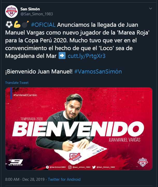Este es el tuit de San Simón anunciando el fichaje de Juan Manuel Vargas. (Foto: San Simón)