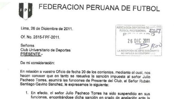 FPF reconoce a Rubén Gavino como presidente de la 'U'
