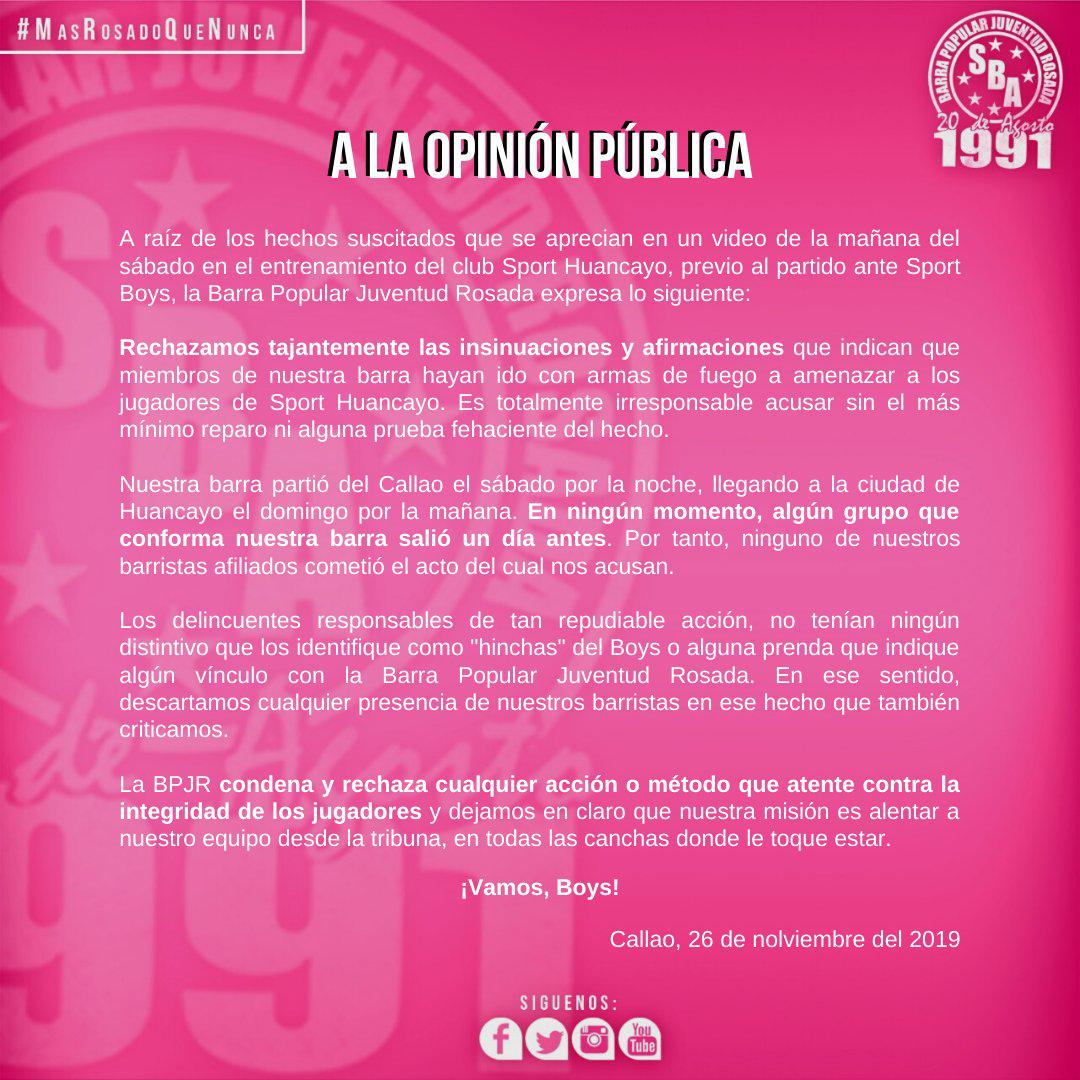 Sport Boys | Comunicado del club y de la barra Juventud Rosada tras supuesta ‘apretada’ al plantel de Sport Huancayo | FOTO 