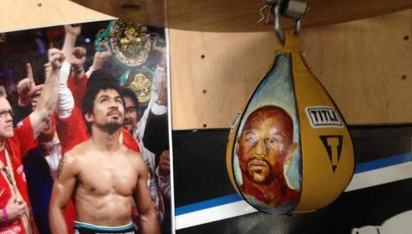 Manny Pacquiao entrena con una pera que lleva la cara de Floyd Maywather