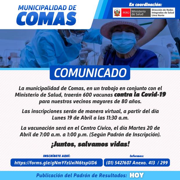 Municipalidad de Comas informó jornada de vacunación para este martes 20 de abril. Foto: Municipalidad de Comas