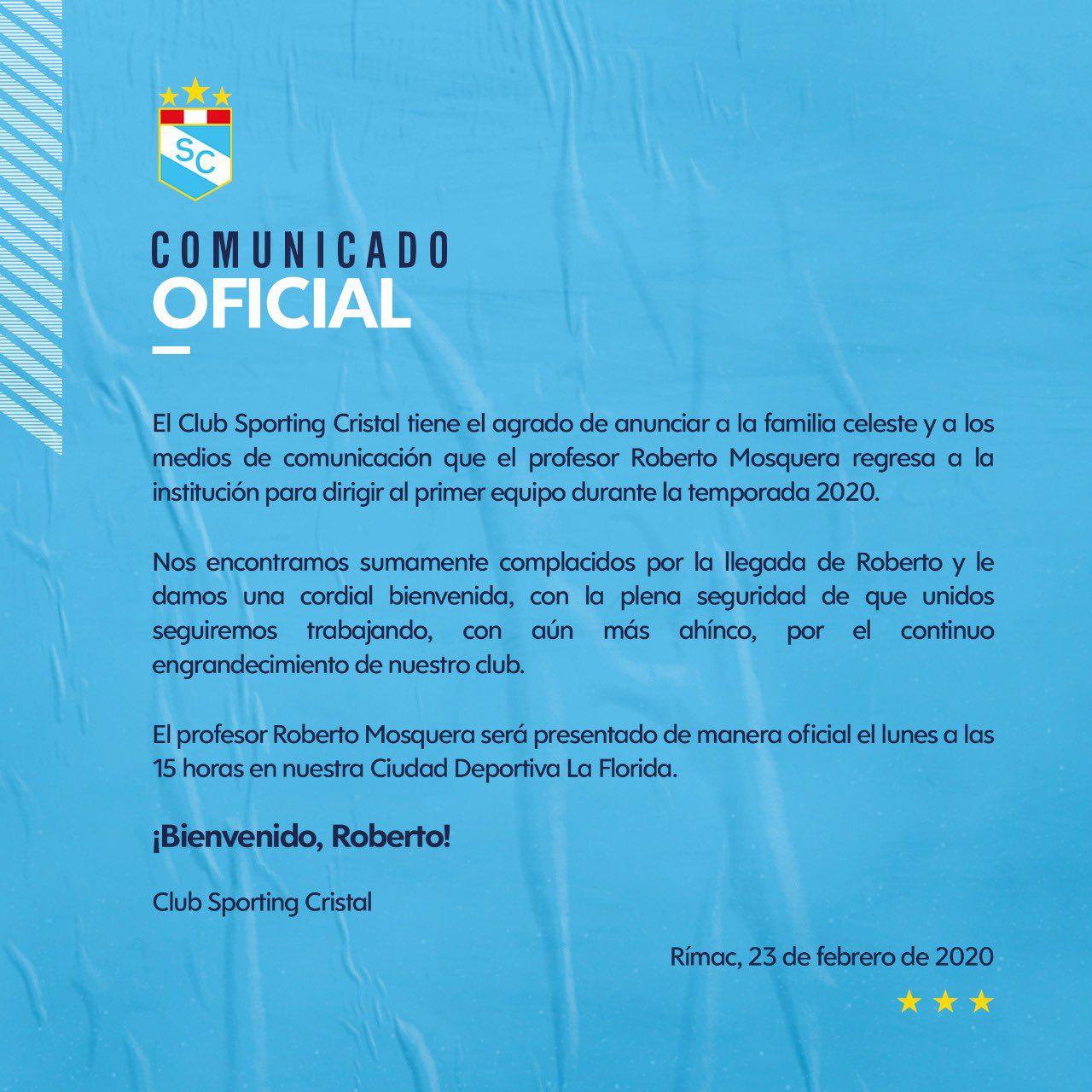 El comunicado de Sporting Cristal sobre Roberto Mosquera.