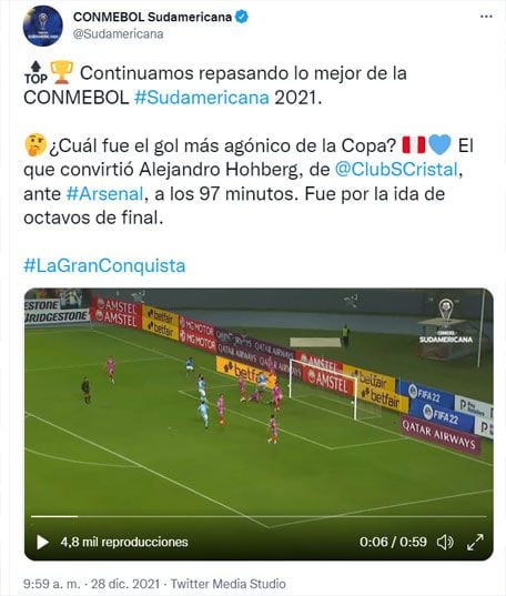 La entidad del fútbol sudamericano recordó la anotación de Alejandro Hohberg en los minutos finales ante Arsenal de Sarandí por la Copa Sudamericana 2021.