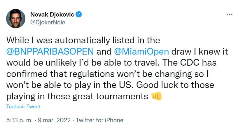 Novak Djokovic comunicó su ausencia en el Indian Wells que se disputará en Estados Unidos.