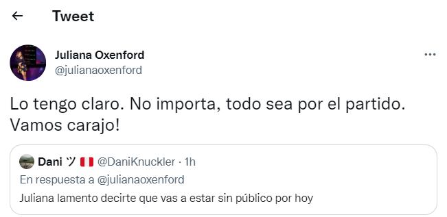 Juliana Oxenford le respondió a tuitero que hizo comentario sobre su programa ante el Perú vs. Paraguay . (Foto: @julianaoxenford). 