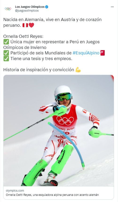 La cuenta oficial de los Juegos Olímpicos resaltó la participación de la esquiadora nacional. 
