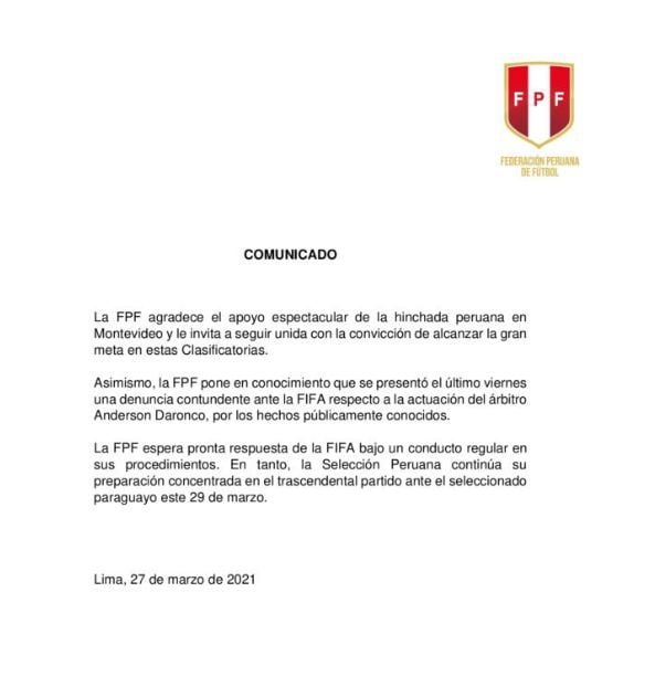 El comunicado de la FPF por el arbitraje de Anderson Daronco. (Foto: FPF)