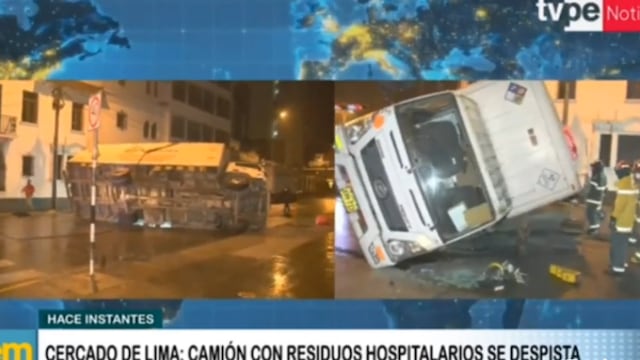 Cercado de Lima: camión de residuos hospitalarios se despistó tras ser impactado por taxi | VIDEO 