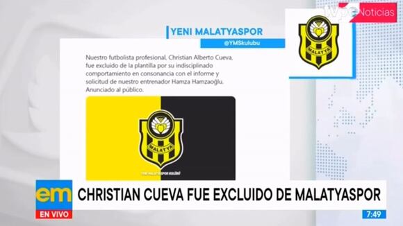 Separan a Christian Cueva de primer equipo de Yeni Malatyaspor