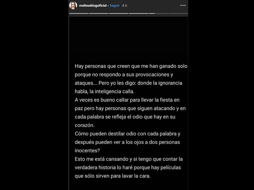 Melissa Klug y su mensaje previo a la difusión de audios de “Doña Charo” (Foto: Instagram)