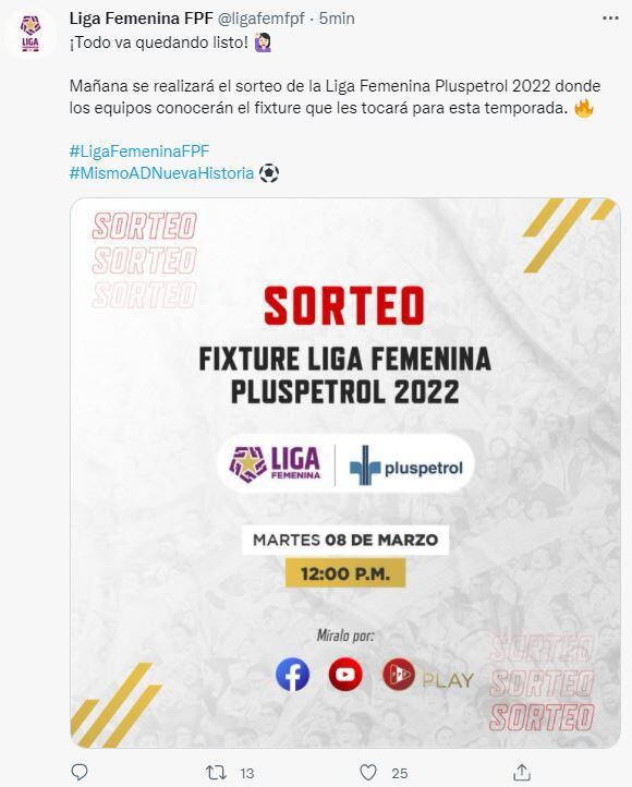 Liga Femenina anunció en Twitter que este martes se realizará el fixture de la temporada 2022.