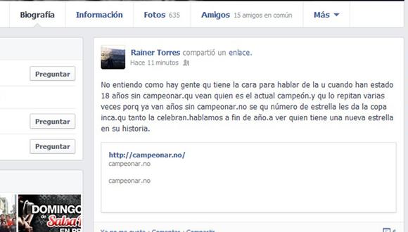 Universitario: Rainer Torres responde a los hinchas de Alianza Lima en Facebook