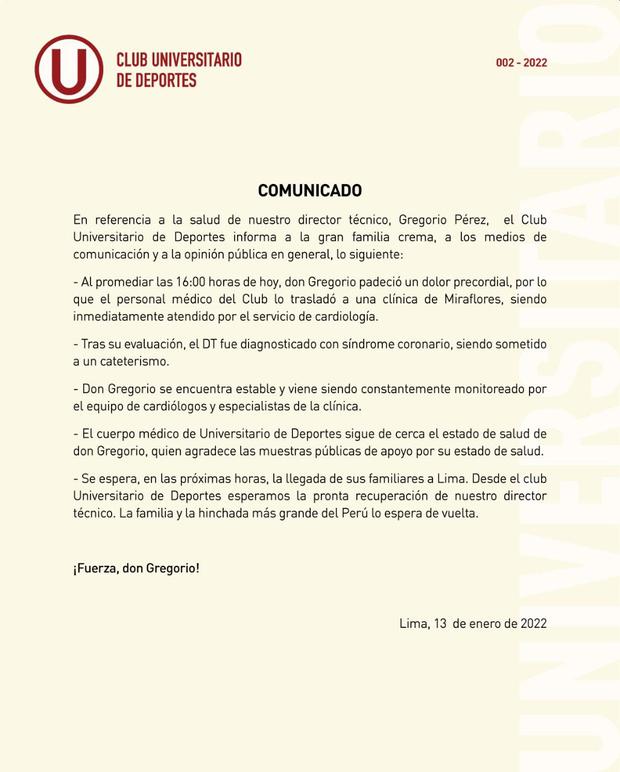The Sports University statement on the health of Gregorio Pérez.