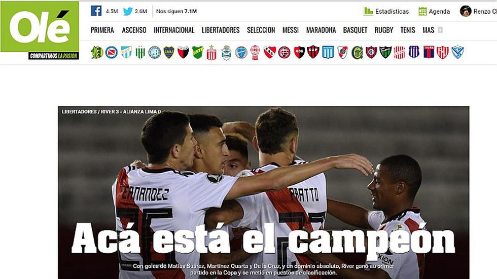 Así fue la reacción de la prensa argentina tras goleada de River 3-0 a Alianza Lima