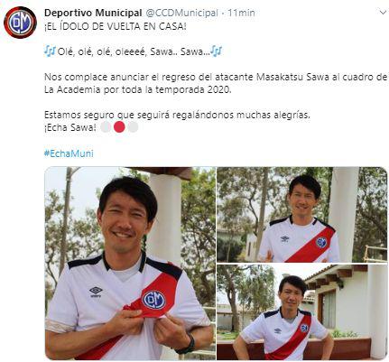 El anuncio de Deportivo Municipal por el fichaje de Masakatsu Sawa.