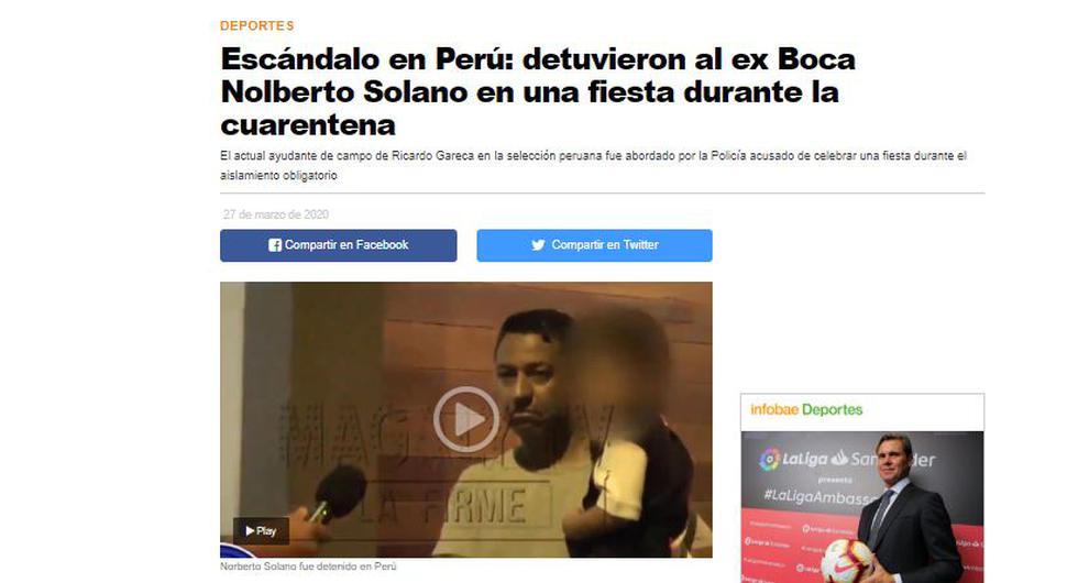 La reacción de la prensa internacional tras lo sucedido con Nolberto Solano. (Captura)